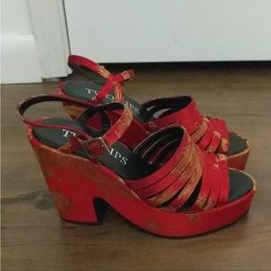 Vintage 90s Red Platform Wedge Satin Sandals Oriental Gold Print